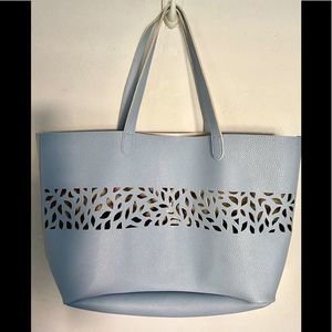 Vegan Laser Cut Tote -11x19x6 light blue , cream interior small zipper pouch